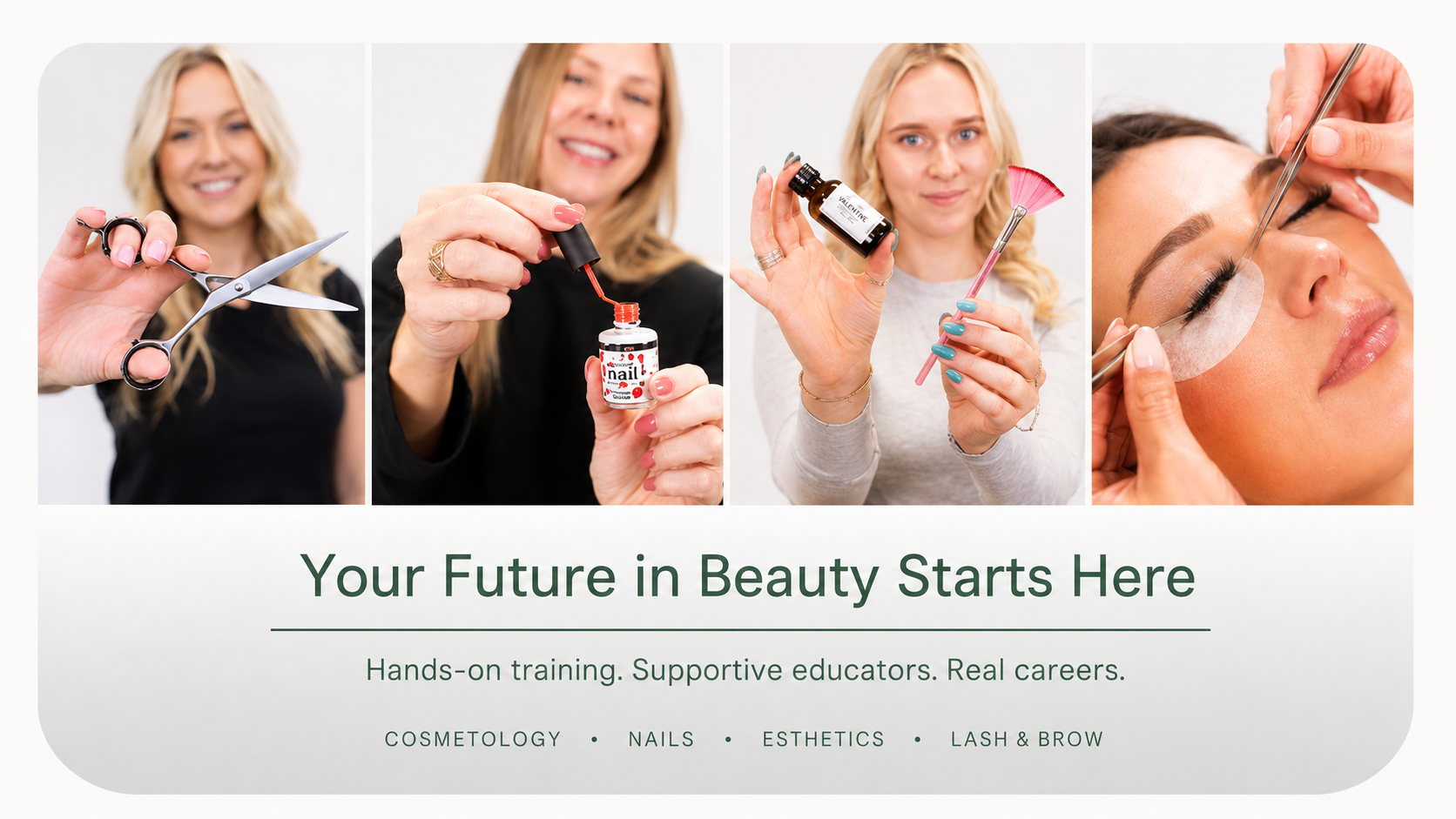 Renaissance Academie students demonstrating cosmetology, nail, esthetics, and lash training with the message Your Future in Beauty Starts Here.