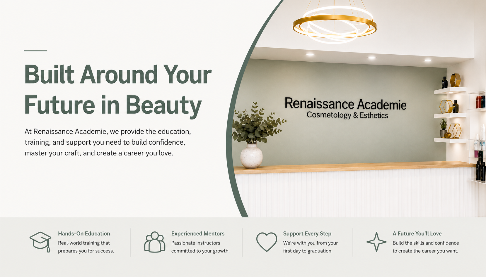 Renaissance Academie reception with information about hands-on beauty education, experienced mentors, student support, and career preparation.